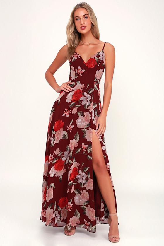 Into Bloom Burgundy Floral Print Maxi Dress 1