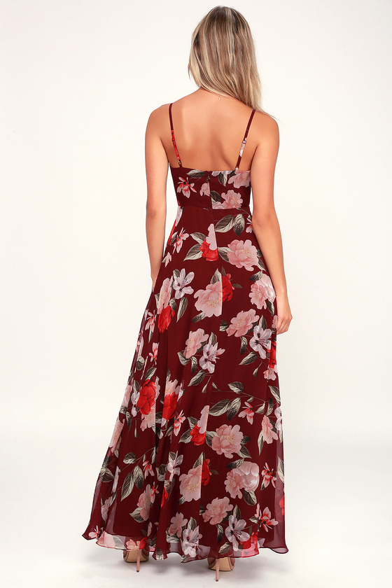 Lovely Burgundy Floral Print Dress - Floral Maxi Dress - Gown
