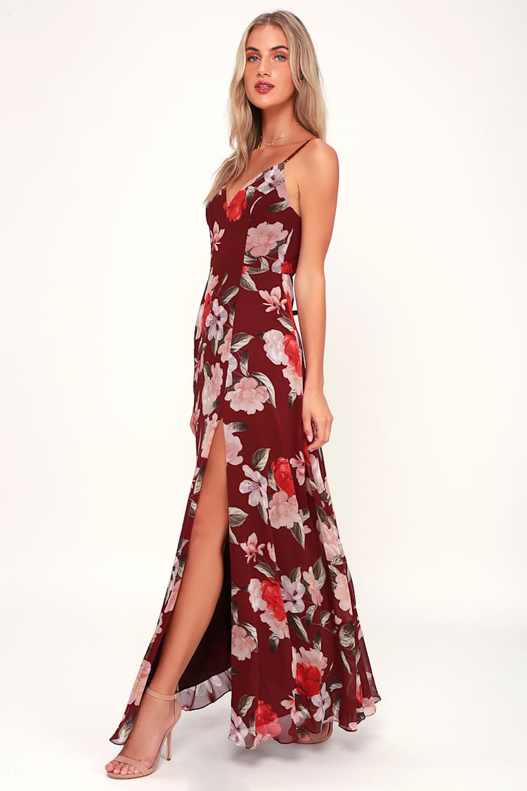 Lovely Burgundy Floral Print Dress - Floral Maxi Dress - Gown - Lulus