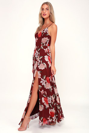 Lovely Burgundy Floral Print Dress - Floral Maxi Dress - Gown - Lulus