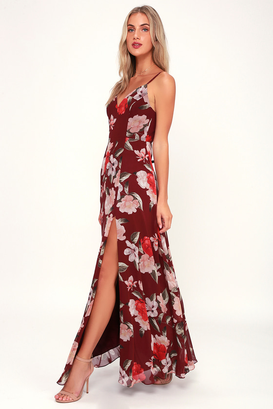 Into Bloom Burgundy Floral Print Maxi Dress