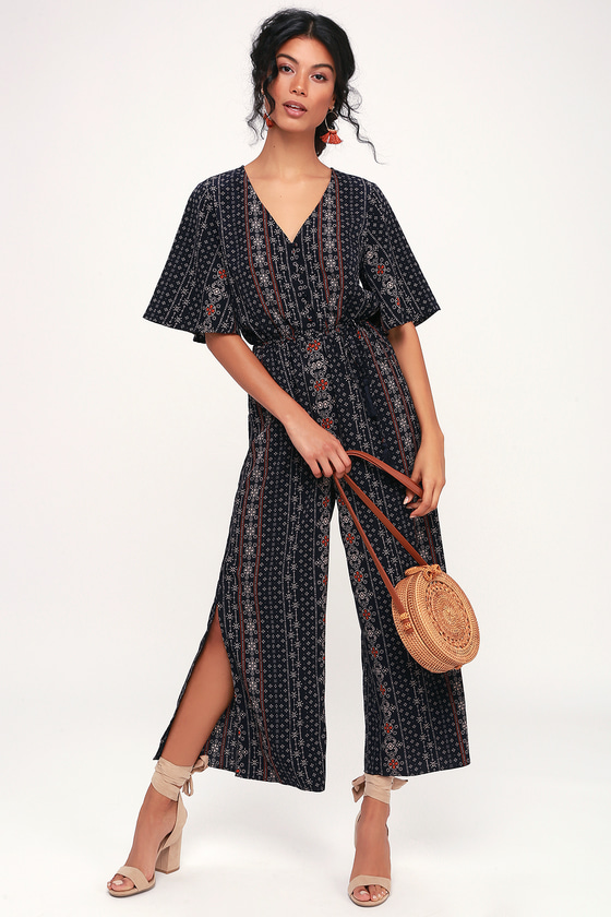 Moon River Carra - Navy Blue JUmpsuit - Boho Print Jumpsuit - Lulus