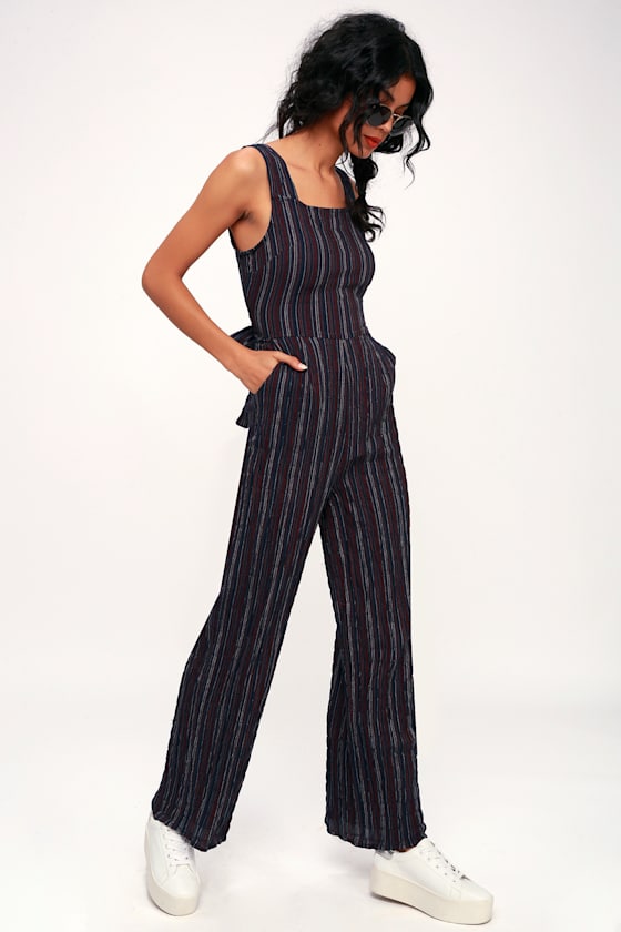 Katherine Navy Blue Multi Stripe Backless Jumpsuit 2