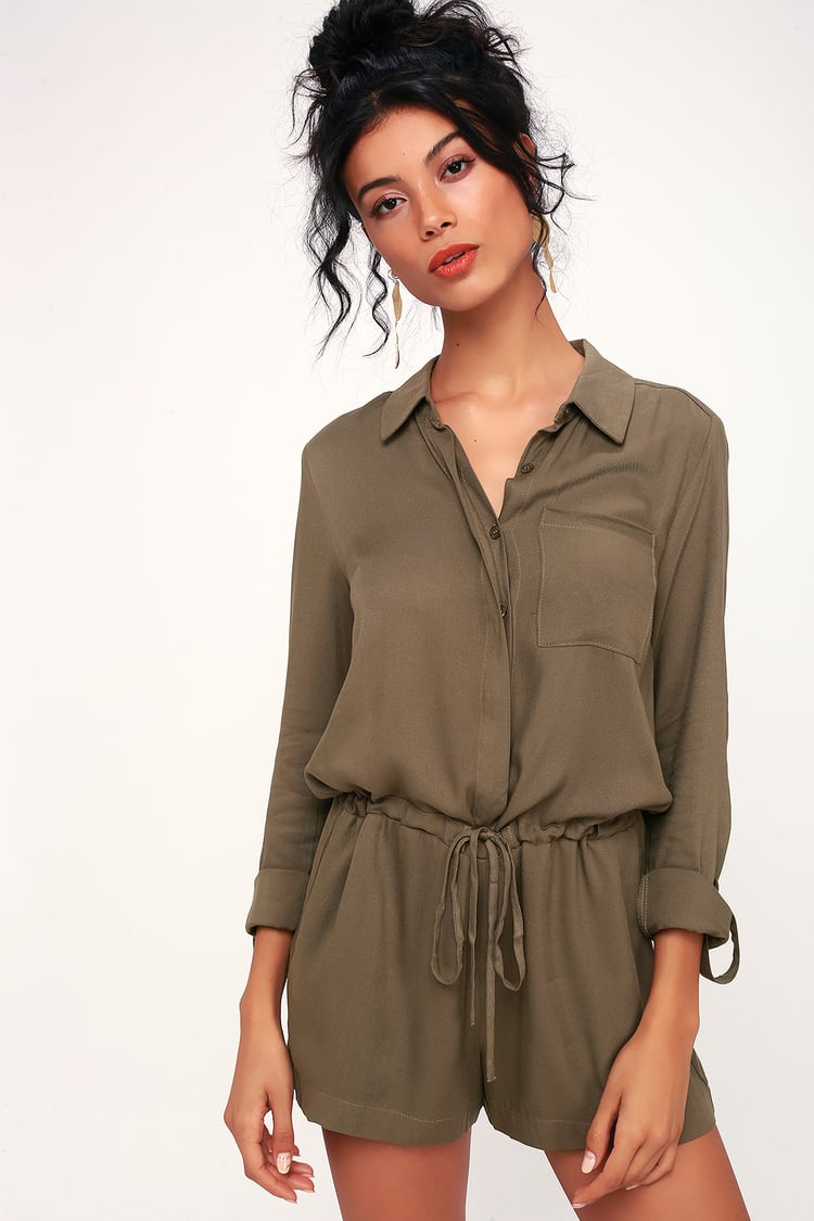 Zayn Olive Green Long Sleeve Button-Up Romper