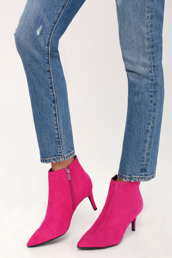 Chic Fuchsia Booties Vegan Suede Booties Kitten Heel Booties