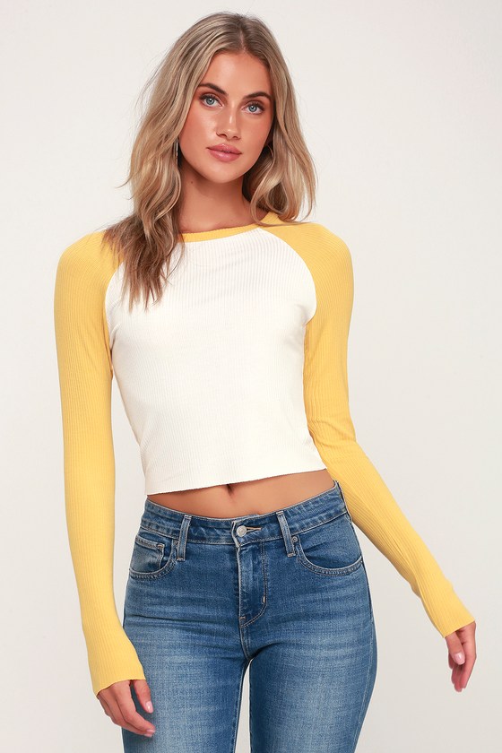 yellow and white baseball tee