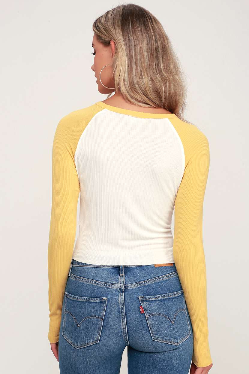 yellow white baseball tee