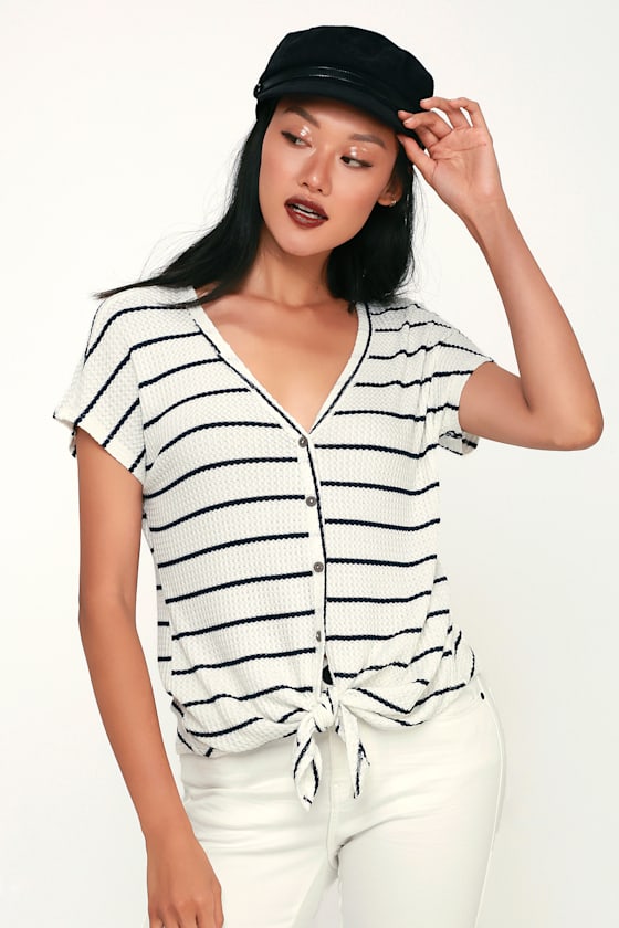 Cute Black and White Striped Top ButtonUp Top TieFront Top Lulus