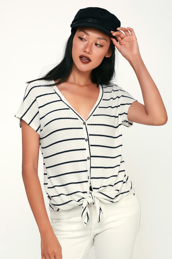 Cute Black and White Striped Top - Button-Up Top - Tie-Front Top - Lulus