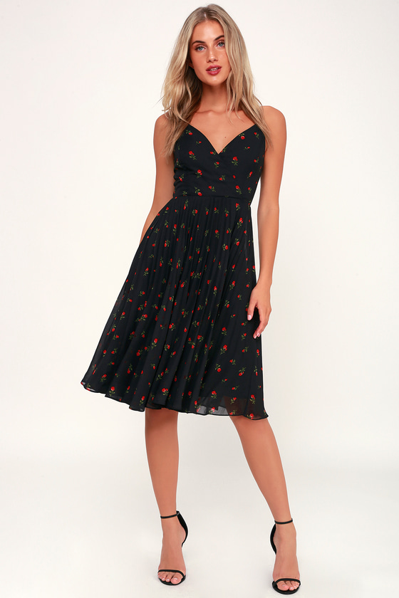 black floral pleated midi dress