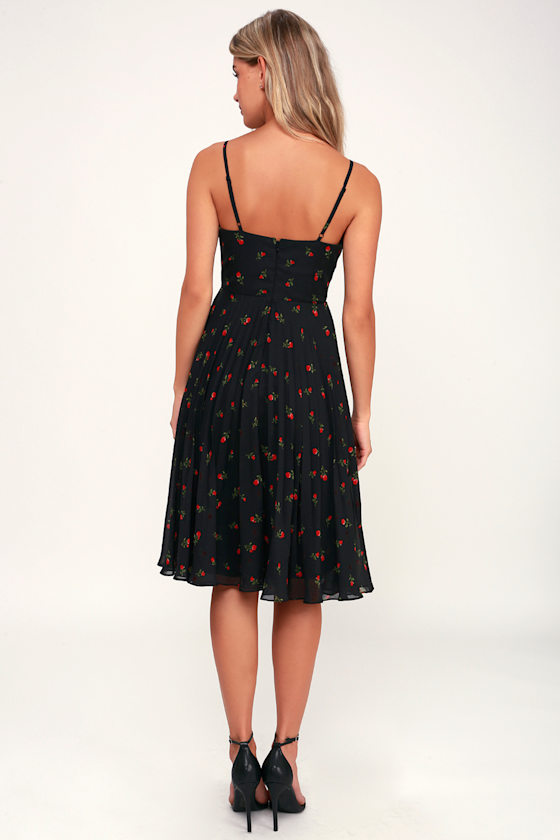 Lovely Black Dress Floral Print Dress Pleated Midi Dress Lulus