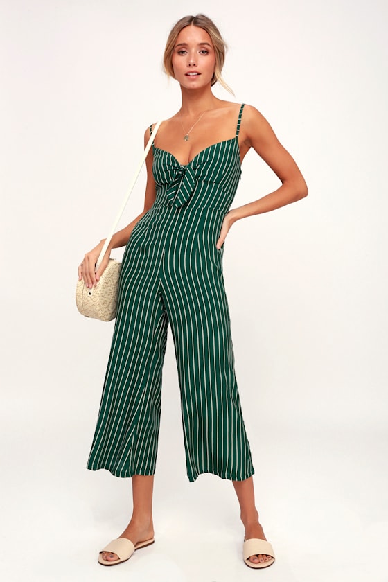 Presley Green Striped Tie-Front Wide-Leg Jumpsuit 1