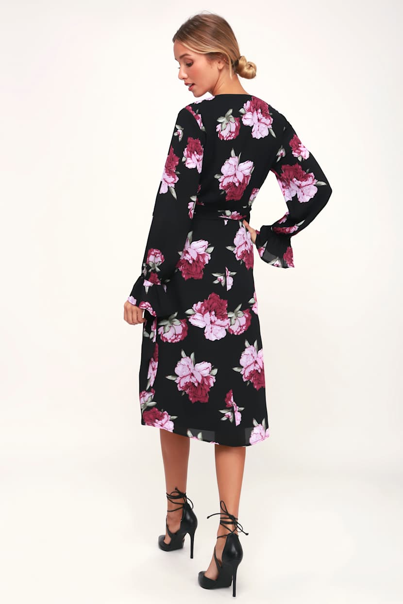Lovely Black Floral Print Dress - Floral Midi Dress - Wrap Dress - Lulus