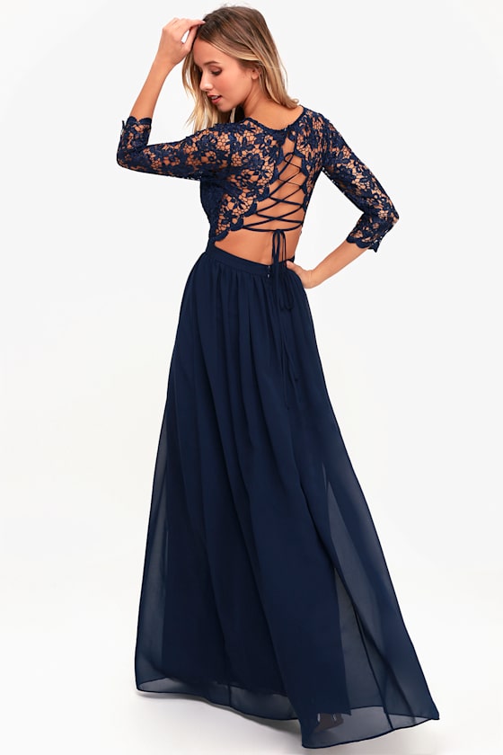 Touch My Heart Navy Blue Lace-Up Lace Maxi Dress 3