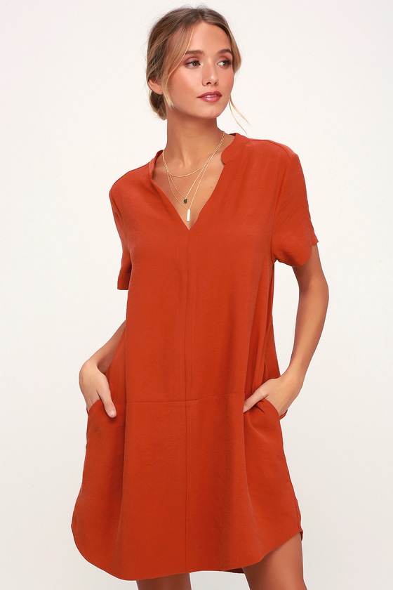 orange shift dress