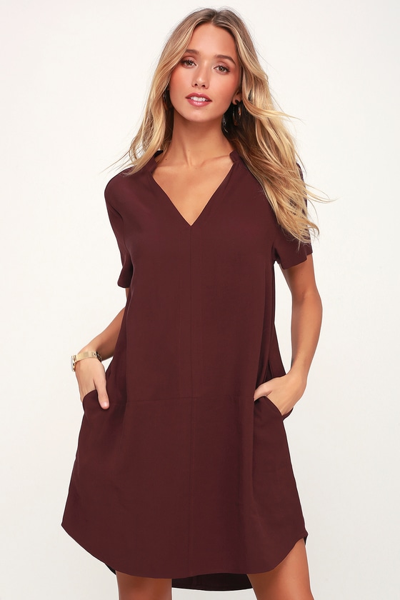 purple shift dress with sleeves