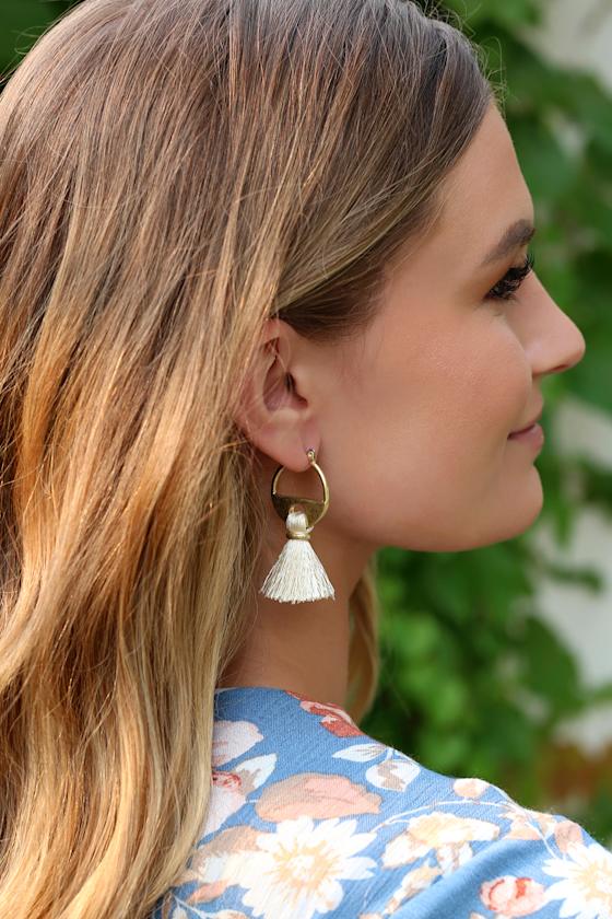 Cha Cha Gold and Cream Tassel Earrings 1
