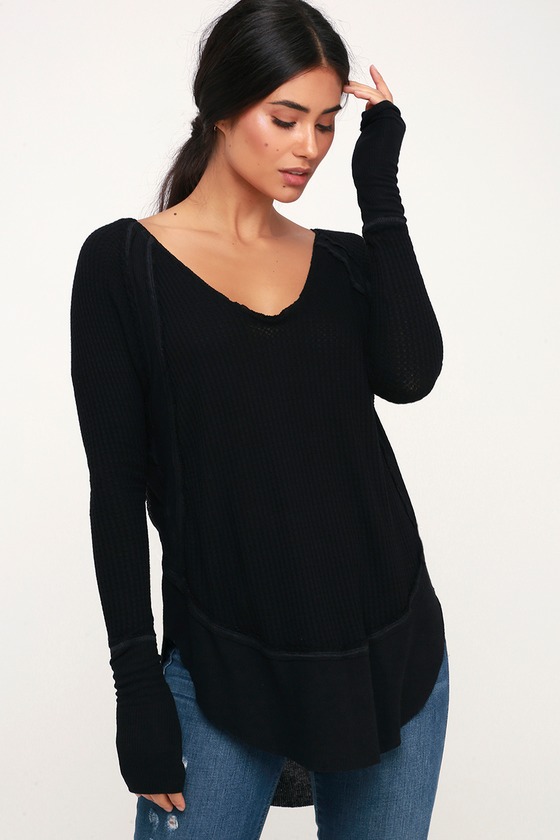 Free People Catalina - Black Long Sleeve Top - Thermal Shirt - Lulus