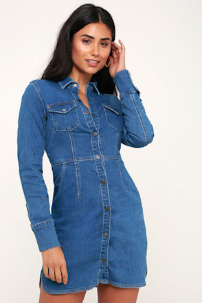 free people long sleeve denim dress Free People Dynomite - Long Sleeve Denim Dress - Blue Jean Dress