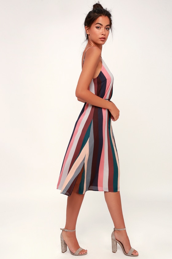 Erina Mauve Multi Stripe Belted Midi Slip Dress