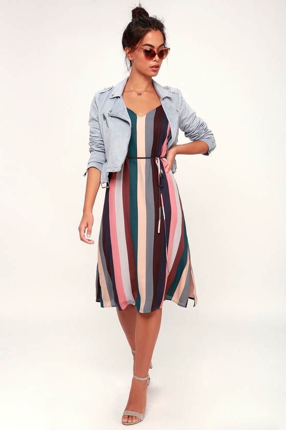 Erina Mauve Multi Stripe Belted Midi Slip Dress