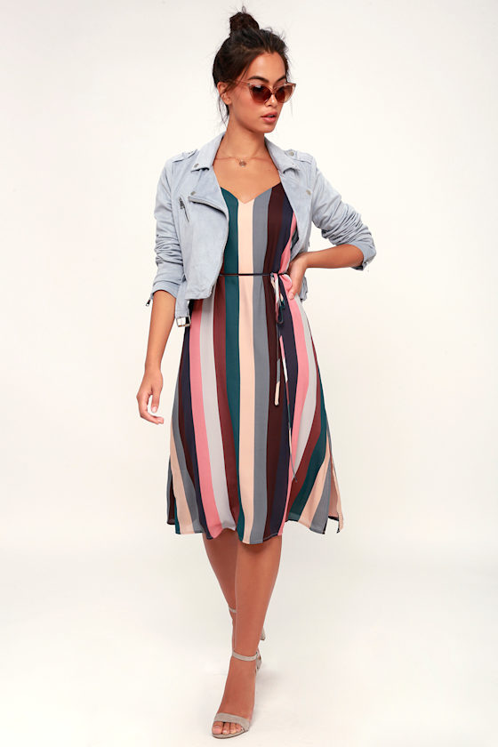 Erina Mauve Multi Stripe Belted Midi Slip Dress 1
