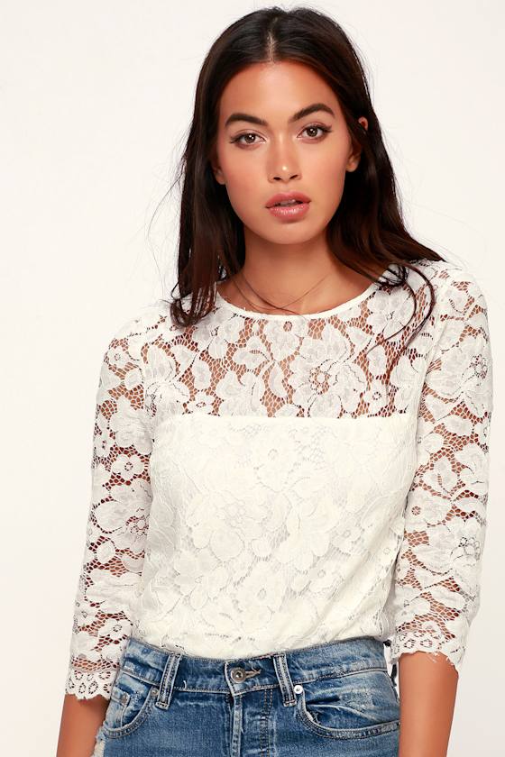 Lovely White Top Lace Top ThreeQuarter Sleeve Top Top Lulus