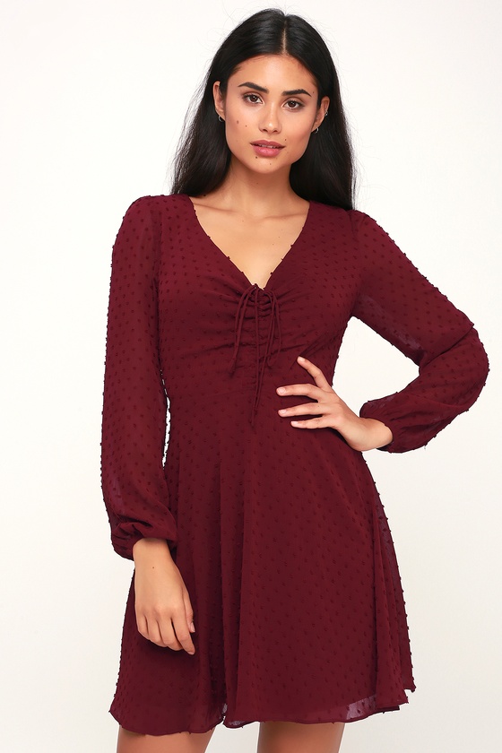 Cute Burgundy Dress - Skater Dress - Long Sleeve Dress - Dress - Lulus