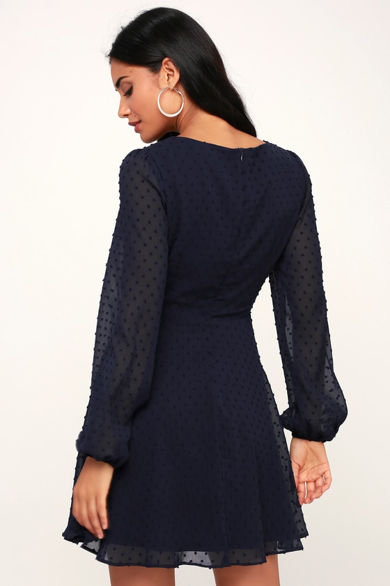 Cute Navy Blue Dress - Skater Dress - Long Sleeve Dress - Dress