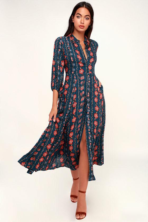 Because You Loved Me Teal Blue Print Long Sleeve Shirt Dress 1