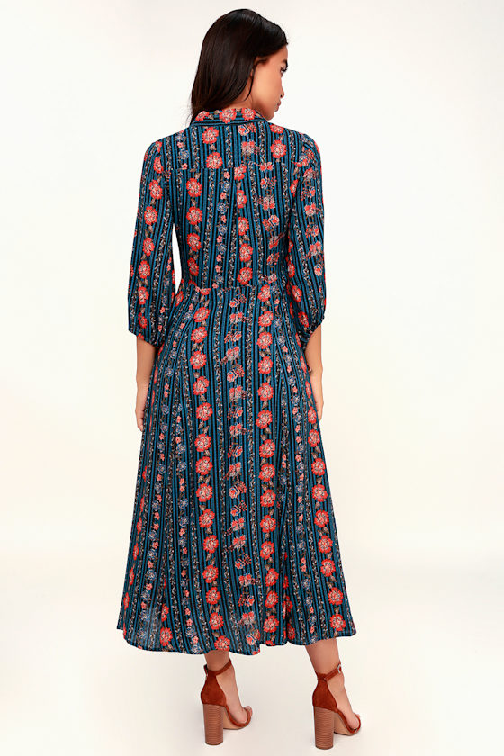 Because You Loved Me Teal Blue Print Long Sleeve Shirt Dress 2