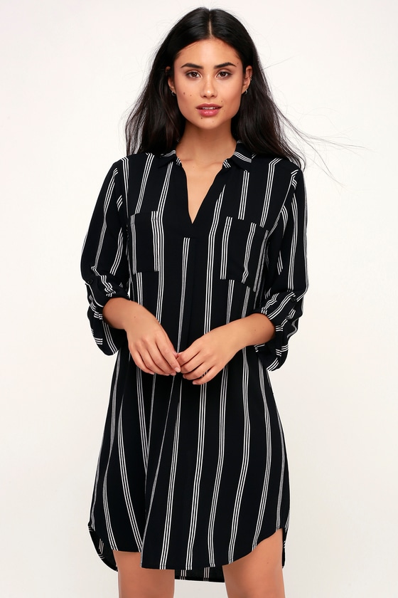 black and white striped shirt dress