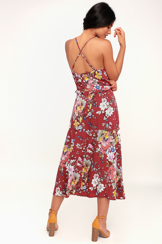 Lovely Rust Red Floral Print Dress - Floral Midi Dress - Red Midi - Lulus