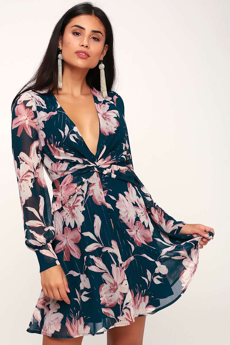 knee length dresses for ladies Pietra Berry High-Neck Long Sleeve Knot Maxi Dress – Club L London main image 0