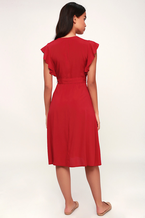red button front midi dress