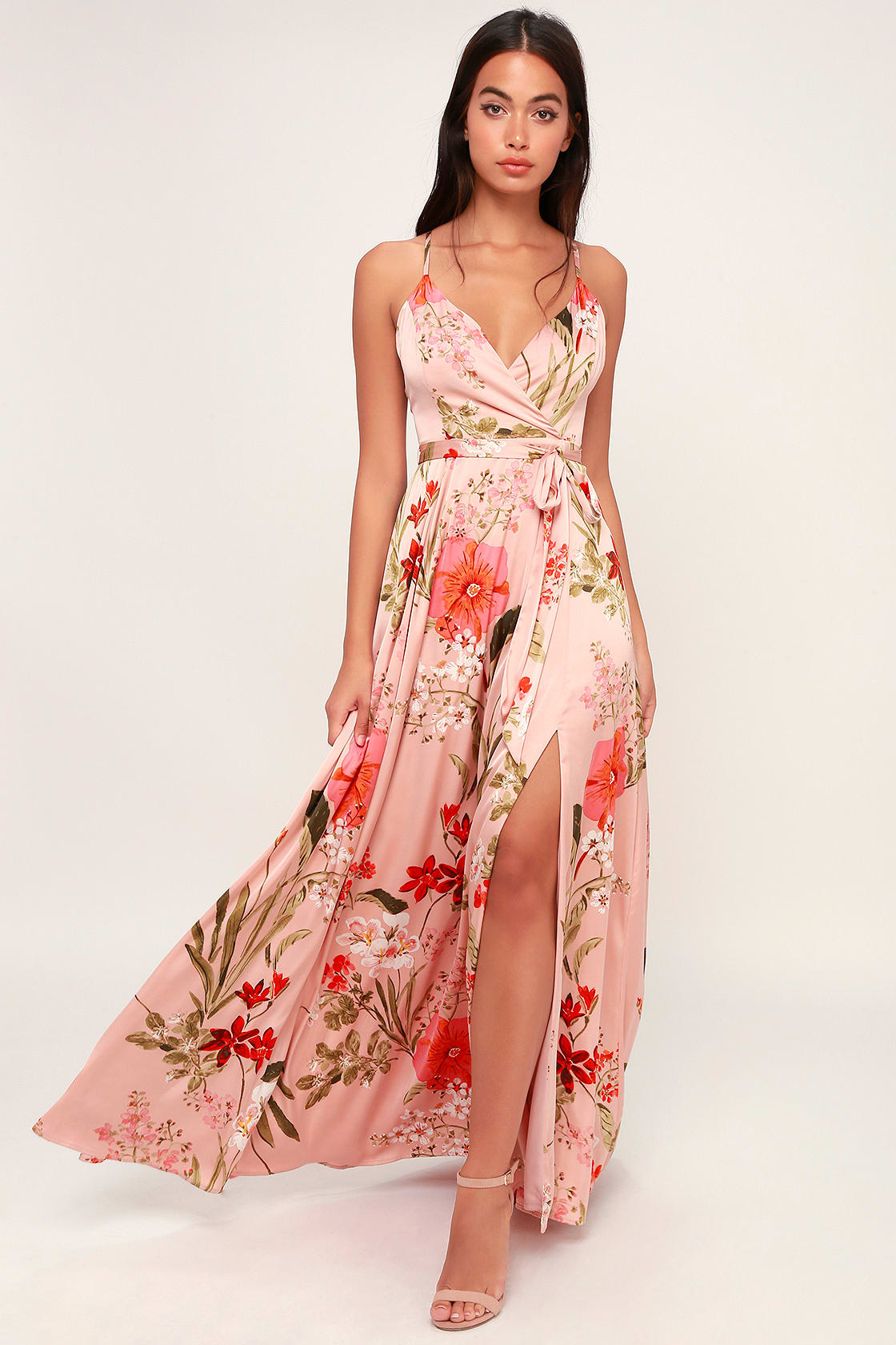 Pink Floral Wedding Guest Satin Dress for Beach Wedding and Wedding in Greece