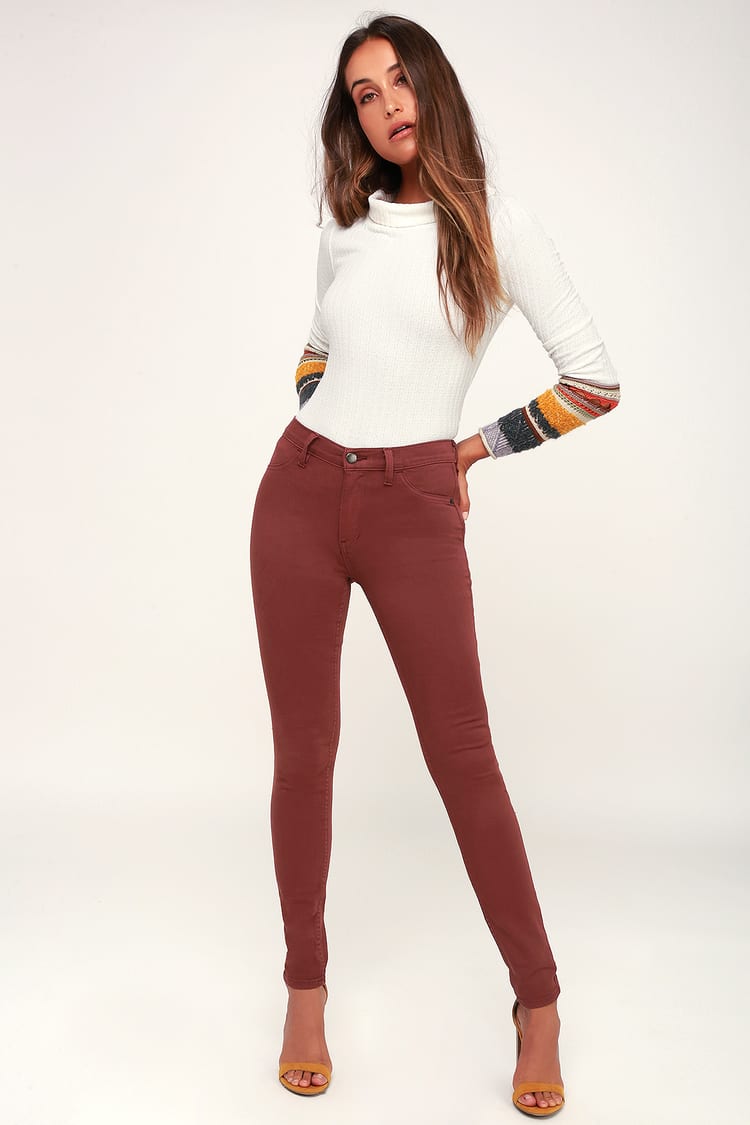 Long and Lean High-Waisted Washed Wine Red Denim Jeggings