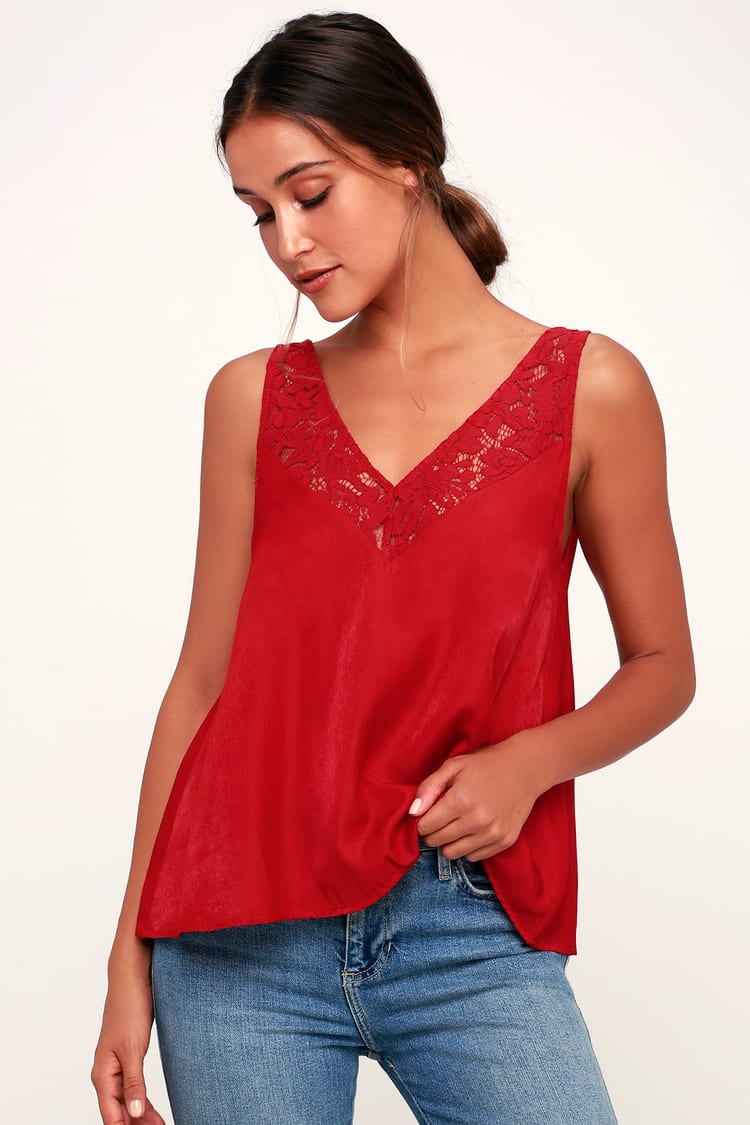 Sexy Red Top - Lace Tank Top - Red Satin Top - Satin Tank Top - Lulus