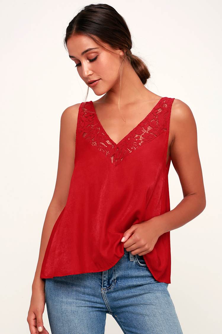 Sexy Red Top - Lace Tank Top - Red Satin Top - Satin Tank Top - Lulus