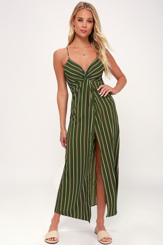 Cute Olive Green Dress Striped Dress Twisted Maxi Dress Lulus