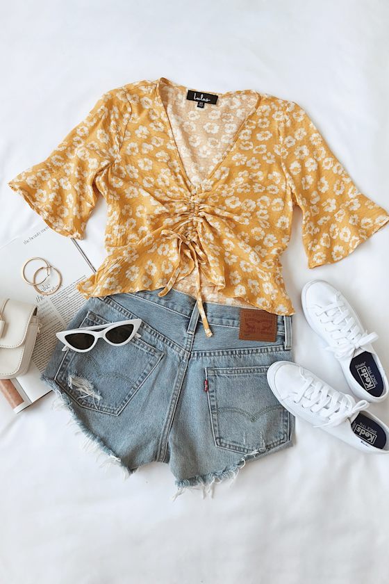 Fleur You In Mustard Yellow Floral Print Ruched Crop Top 2