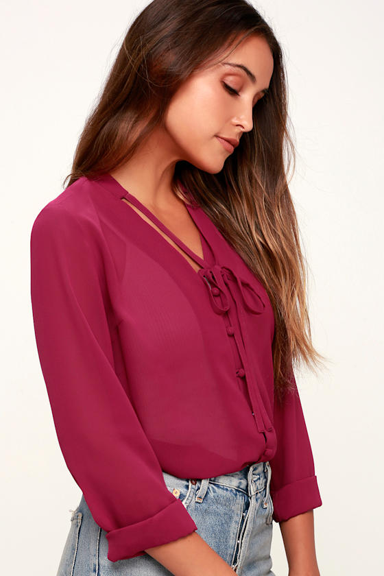 Magenta Ruffle Blouse Magenta Blouse - Button-Up Blouse - Long Sleeve Blouse - Lulus
