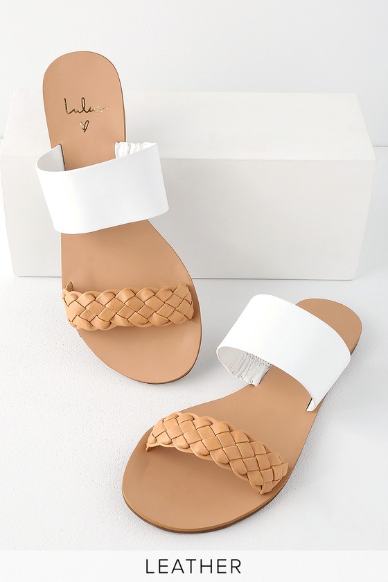 white leather slide sandals