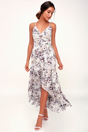 strapless open back dress Strapless Purple Floral Long Prom Dresses with Slit, Purple Floral For