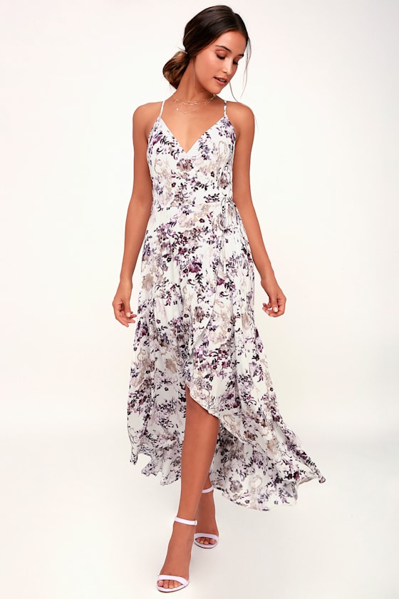 Singing at Sunset White and Purple Floral Print Midi Wrap Dress 1