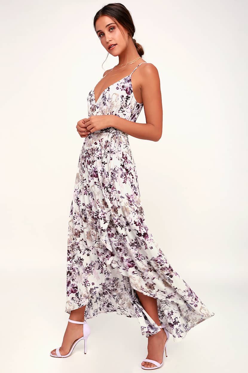 open lace back dress Wedtrend Women White Purple Flower A-Line Spaghetti Straps Chiffon Floor-Length Bridesmaid Dress, Purple Flower / US20W main image 1