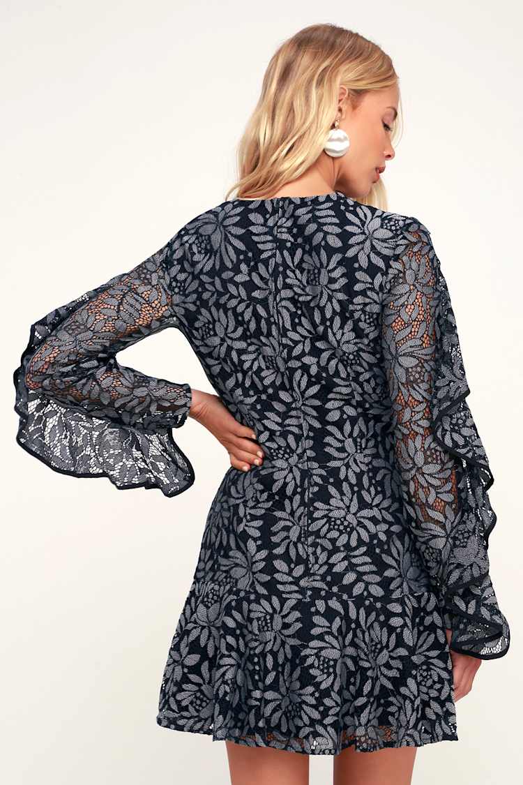 Keepsake Engage - Navy Blue Lace Dress - Long Sleeve Dress - Lulus