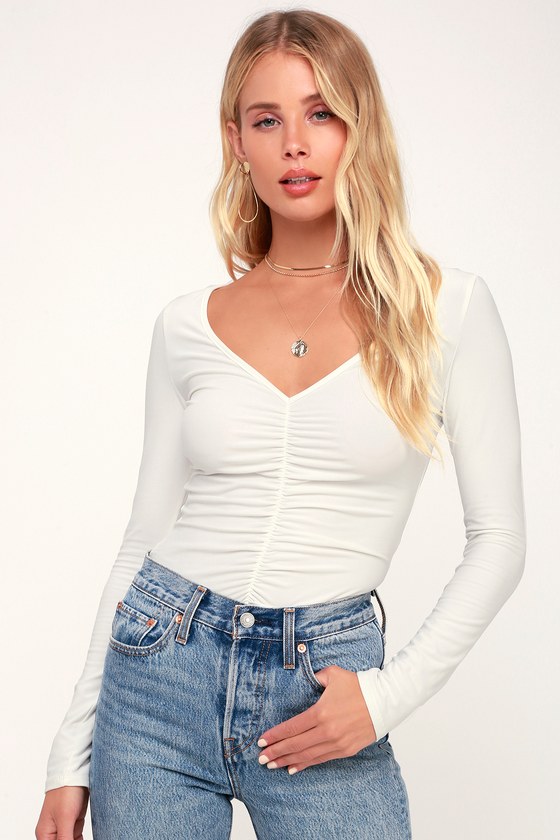 white long sleeve ruched top