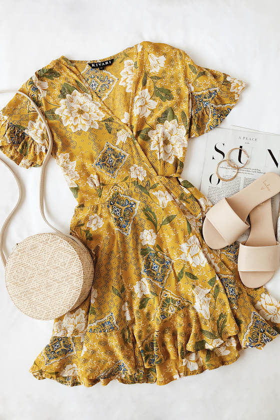 Kivari Saffron Bloom Mustard Yellow Floral Print Wrap Dress