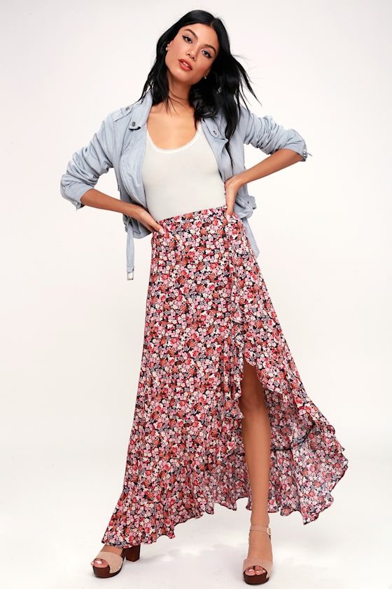 Bridgette Pink Floral Print Ruffled High-Low Maxi Skirt 1